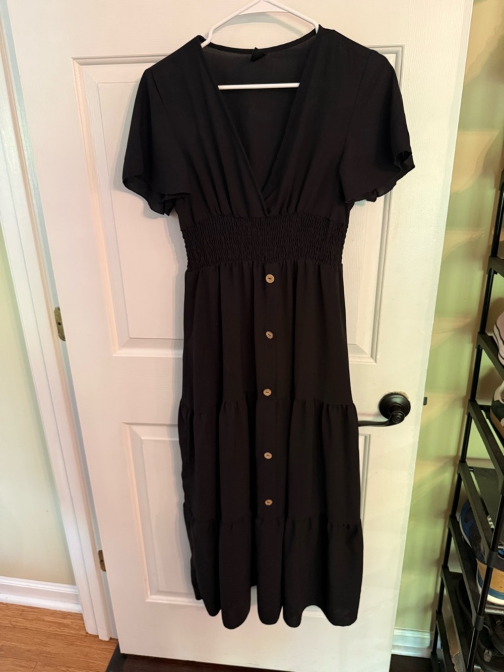 SHEIN Black Button-Front Smocked Midi Dress